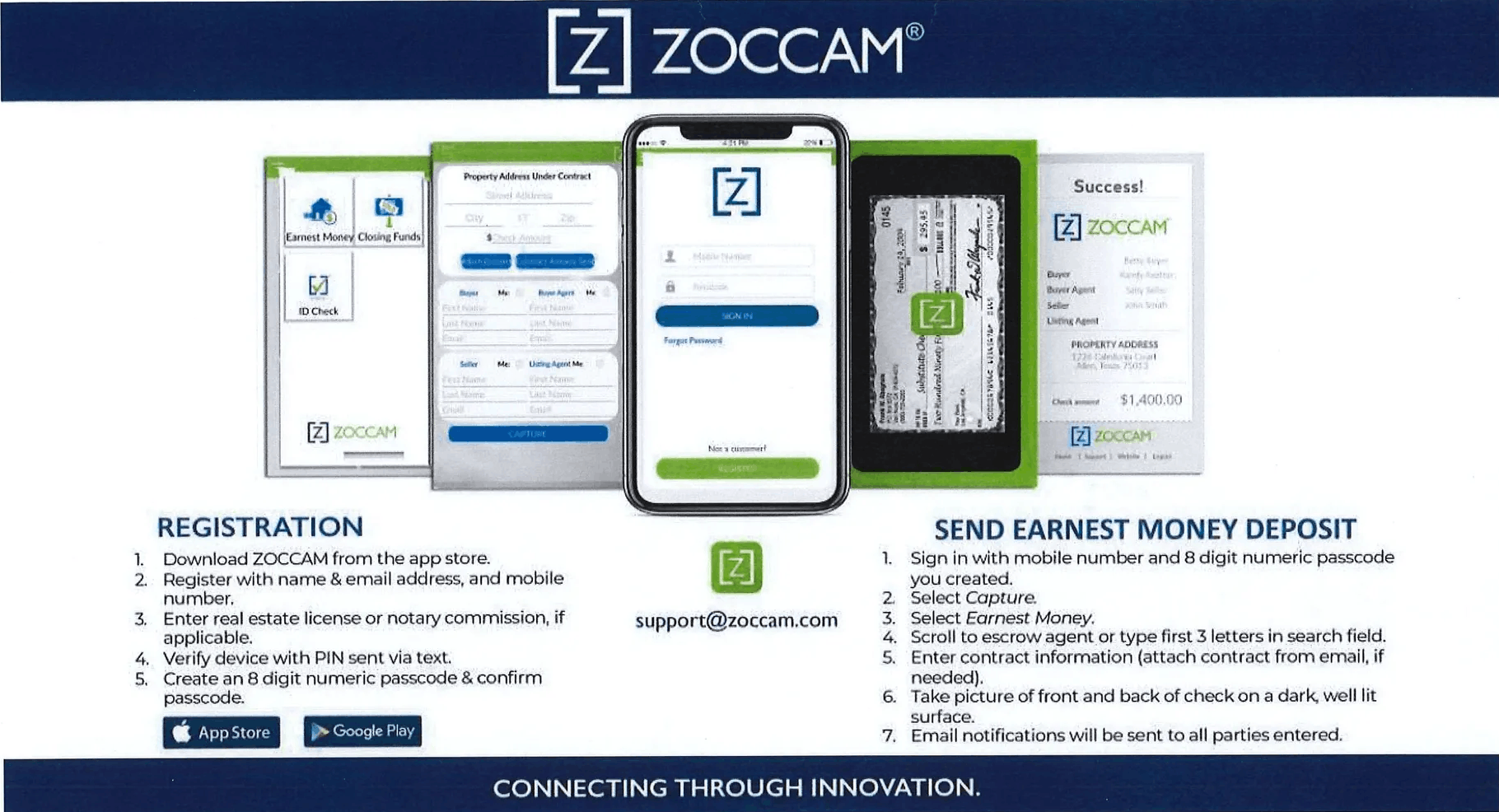 Zoccam app screenshots with full instructions for registration and sending earnest money deposit
